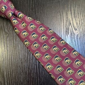 Lanvin Paris Elephant Print Silk Tie Burgundy Navy Gold